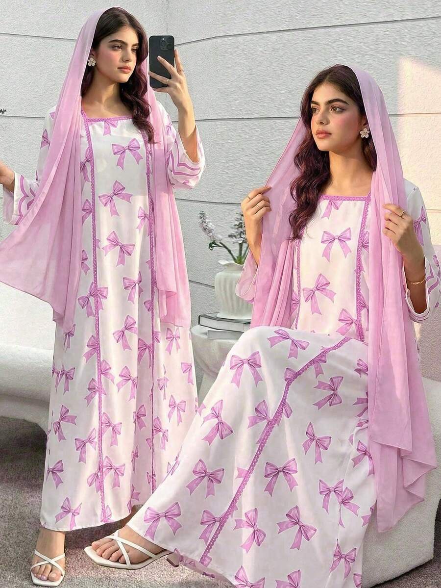 Vestido casual de vacaciones y uso diario con estampado de moño para niñas preadolescentes - Morado - Ver 1