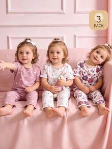 Baby Girls' Pink Floral Rabbit Bow Print Short Sleeve Top And Pants Set - Multicolor - View 1