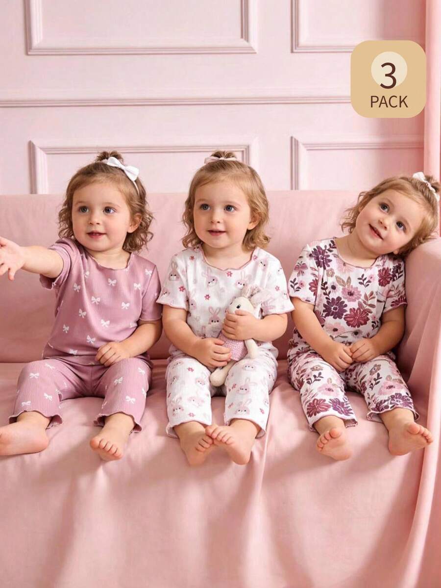 Baby Girls' Pink Floral Rabbit Bow Print Short Sleeve Top And Pants Set - Multicolor - View 1