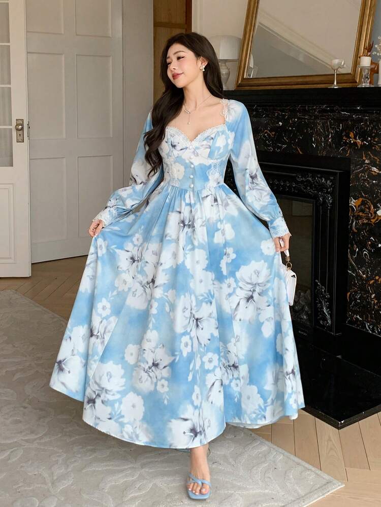 Spring Lace Bridesmaid Wedding Guest Elegant Patchwork Waist Midi Dress For Vacation Sundress
