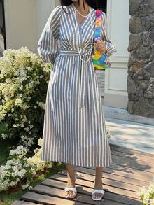 Livesso Frühlings- und Sommer-Gestreiftes Farbblock Boho-Stil Casual Urlaubs-Strand Elegantes Pendler-Lässiges Kleid mit Bindegürtel, Langarm Midi-Kleid für Damen Sommerkleid - Grau - Übersicht 6