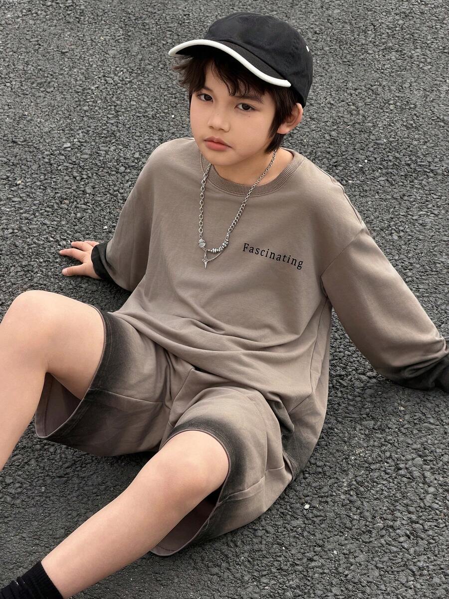 DAZY Tween Boy Letter Print Round Neck Drop Shoulder Long Sleeve T-Shirt And Shorts Casual Set - Grey - View 1
