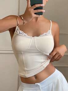 DAZY Lace Patchwork Camisole Top With Built-In Padded Bra For Women - Beige - View 4
