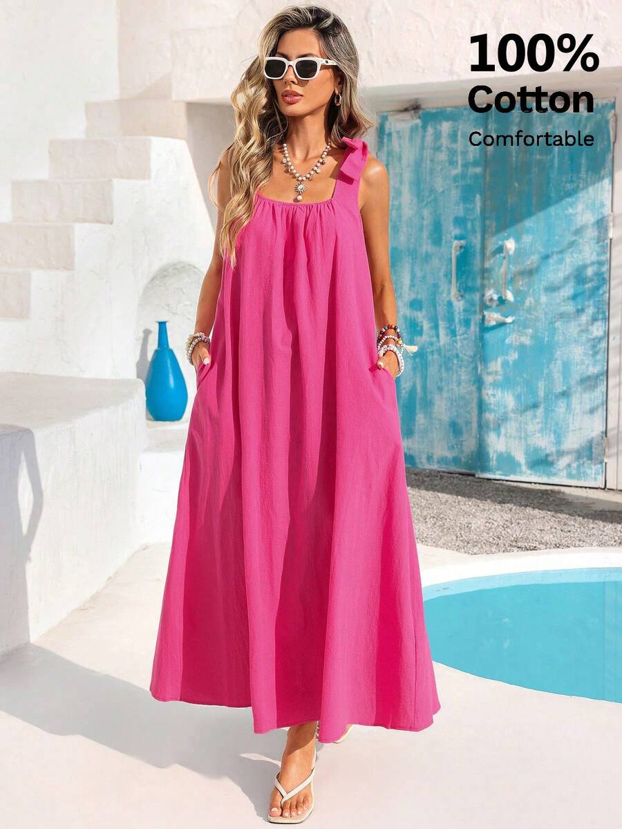 Vivid Eden 女士纯色褶皱休闲中长连衣裙,适合约会和外出,100%纯棉面料,适合度假、休闲穿搭、沙滩装、女士沙滩装、狂欢节服装、女士狂欢节服装、女士情人节服装、夏季度假服装、适合春夏假期、女士休闲装、女士休闲夏季连衣裙、女士度假连衣裙、女士夏季长裙、女士休闲夏季连衣裙、女士休闲长裙 - 玫紅色 - 查看 1