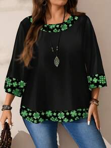 Mellowie Áo sơ mi nữ cỡ lớn kiểu dáng rộng rãi, in họa tiết lá cây kẻ caro, cổ tròn, tay lỡ 3/4, thích hợp cho ngày lễ Thánh Patrick. - Nhiều màu - Xem 8