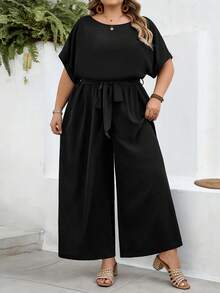 SHEIN CURVE+ Kích cỡ US22 (dành cho người có đường cong cơ thể) Bộ jumpsuit nữ phong cách Bohemia thanh lịch, cổ tròn, ôm sát, ống rộng, thích hợp cho lễ hội âm nhạc, kỳ nghỉ bên bờ biển. - màu đen - Xem 7
