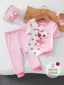 1 Set Baby Girls' Coffee Girl Print Contrast Collar & Cuff Design Knit Snug Fit Short Sleeve Top And Allover Print Pants Pajamas, Spring/Summer - Pink - View 3
