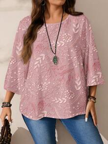 EMERY ROSE Plus Size Women Floral Print Loose Fit Casual Vacation Shirt, Full-Width Print Round Neck 3/4 Sleeve - Multicolor - View 3