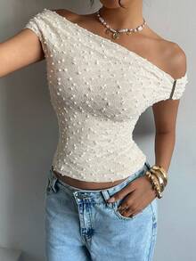 Valentine Women's Textured Off Shoulder Fitted Fashion T-Shirt Women Tops Elegant - Apricot - View 4