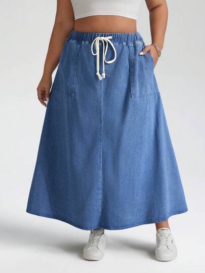 SHEIN CURVE+ Plus Size Solid Color Elastic Waist Casual Drawstring Loose Long Denim Skirt, Summer