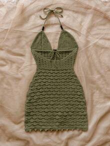 Soleia 大码性感吊带V领镂空木珠修身连衣裙，度假吊带露背渐变针织长裙，适合假日、约会、下午茶、音乐节等场合，波西米亚风 - 橄欖綠 - 查看 2