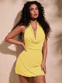 Opulessa Women's Yellow Summer 70s Party Knitted Mesh See-Through Dress,Draped Neck Halter Strap Open Back Design,Bachelorette Beach Vacation Outfits - Light Yellow - View 5