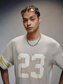 PAVTROS 情人节、春夏、千禧年、狂欢节、复古、街头服饰、派对、圣帕特里克节、外出、男士宽松“23”亚麻圆领T恤 - 杏色 - 查看 5