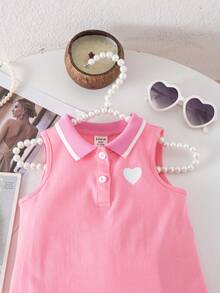 SHEIN Baby Girl Cute Summer Knitted Pink Collegiate Heart Pattern Collar Dress - Pink - View 3