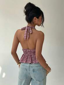 Aloruh Women's Plaid Halter Backless Shirt Checkered Top Halter Top Top Summer Top Plaid Top - Khaki - View 4