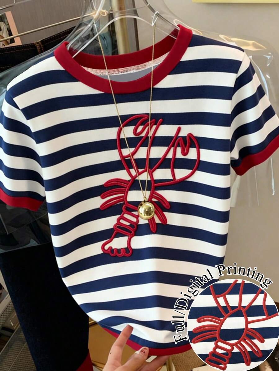 SHEIN Kaos Kasual Musim Panas Ukuran Besar Motif Garis-garis dan Lobster - MultiWarna - View 1