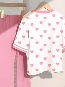 2 pièces/set Top à manches courtes avec motif cœur et short décontractés pour jeunes filles, convient pour l'été - Multicolore - Voir 6