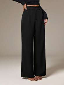 SHEIN PETITE 女士纯色高腰阔腿宽松休闲办公裤，适合春夏穿着 - 黑色 - 查看 6