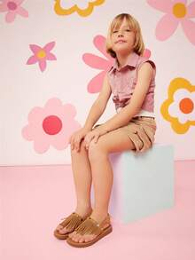 Mini mi #BohoCute Sandal Anak-Anak Dekorasi Batu dan Rumbai Bahan Suede Vegan Premium Warna Cokelat Muda Model Slingback dengan Tali Jari Kaki – Lembut, Aman & Nyaman - Merah tua - View 3
