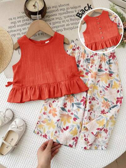 LMoss Kids Baby Girl Woven Solid Color Tank Top Paired With Floral Print Pants Set