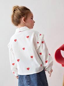 Maija Kids Heart Print Frill Trim Casual Long Sleeve Blouse - Red and White - View 7