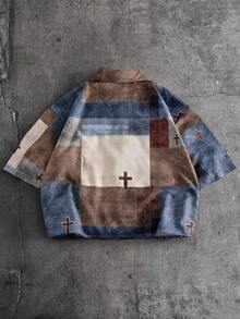 AXEPEAK 男士十字拼接图案短袖单排扣休闲衬衫 - 彩色 - 查看 3