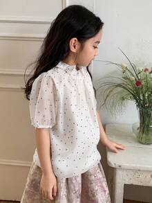 DAZY Girls (Small) Bow Tie Strap All-Over Print Korean Style Polka Dot Fresh Summer Shirt - Apricot - View 1