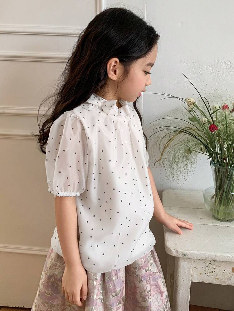 Young Girls Bow Tie Strap All-Over Print Korean Style Polka Dot Fresh Summer Shirt