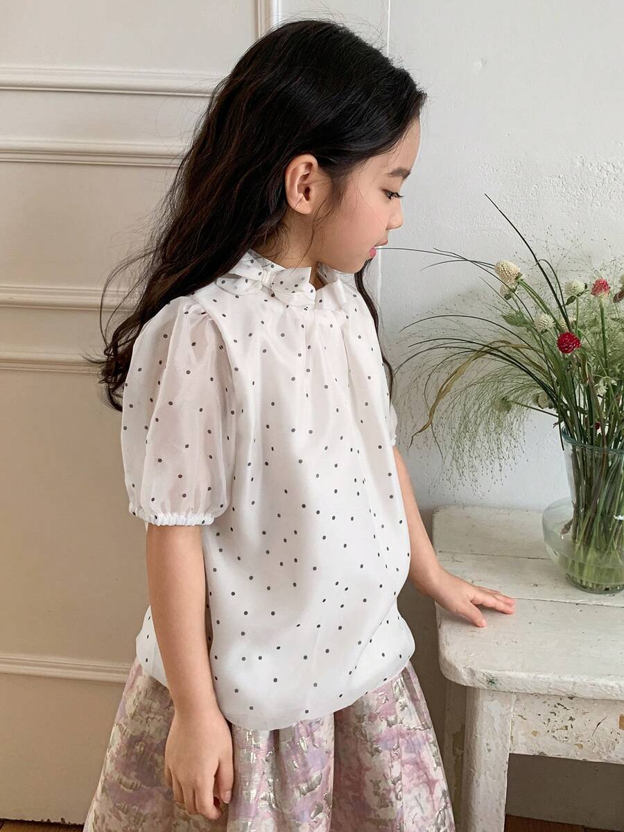DAZY Girls (Small) Bow Tie Strap All-Over Print Korean Style Polka Dot Fresh Summer Shirt - Apricot - View 1