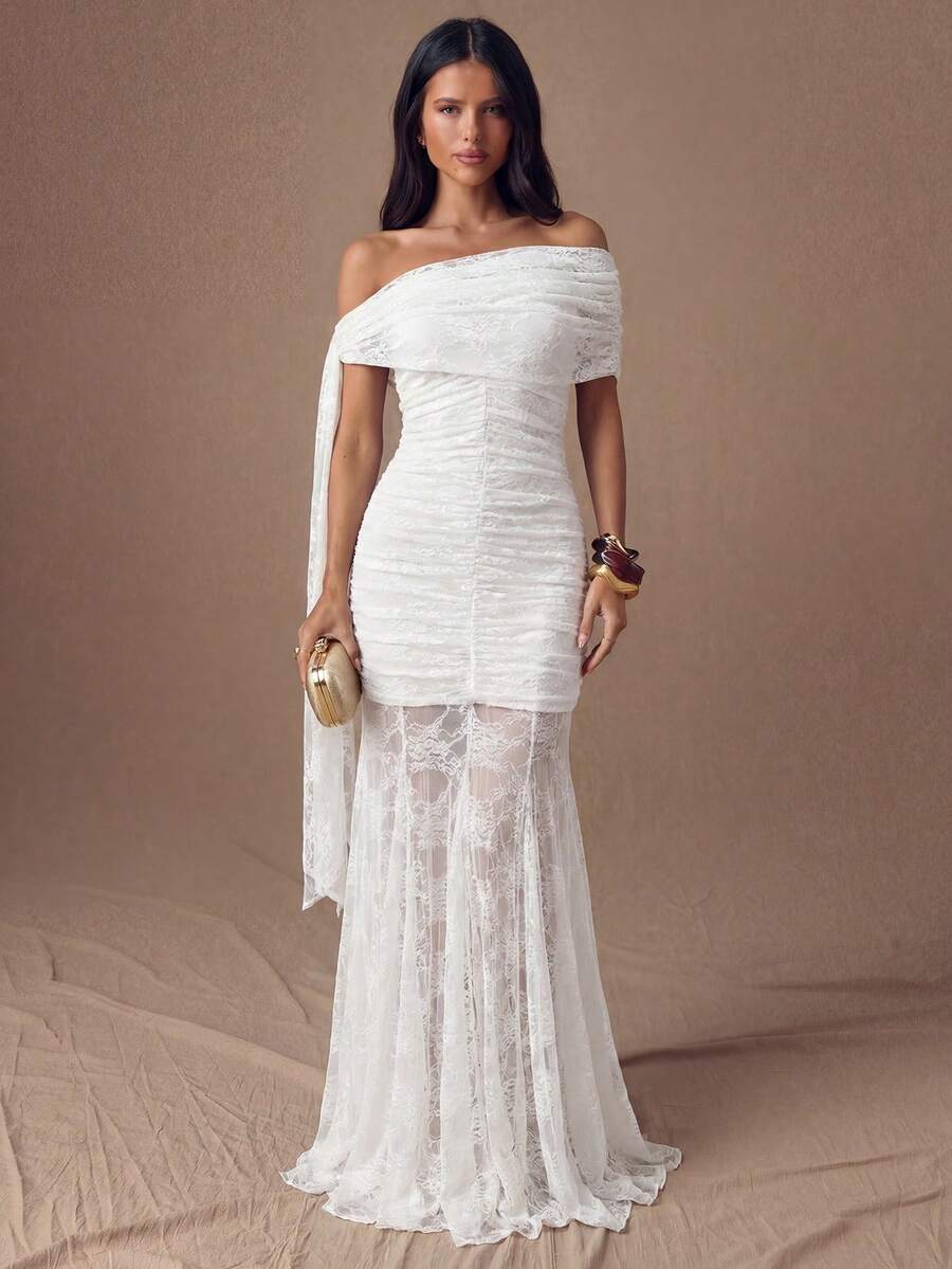 SHEIN BAE 女士斜肩抽绳褶皱修身优雅连衣裙 - 白色 - 查看 1
