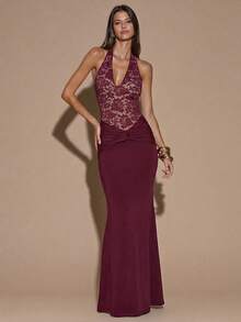 SHEIN BAE Đầm đen không tay ren cổ chữ V sâu, hở lưng gợi cảm, kiểu đuôi cá thanh lịch dành cho nữ, thích hợp cho đám cưới, phù dâu, khách dự đám cưới, tiệc cocktail, hẹn hò lãng mạn, họp mặt, sự kiện trang trọng. - Màu Đỏ Sâu - Xem 4