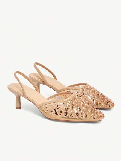 CUCCOO CHICEST Women's Embroidered Mesh Beaded Square Toe Mid-Heel Slip-On Pumps, Elegant Party Wear Stilettos