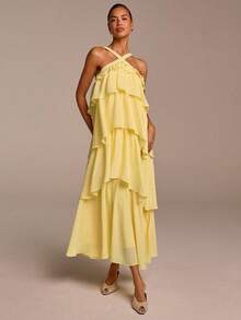 COSMINA Women's Elegant Sleeveless Ruffled Dress, Suitable For Vacation, Date, Wedding Guest, Spring & Summer - Light Yellow - View 4