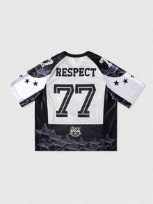 ROMWE MEN Prep Men's V-Neck Raglan Sleeve 77 Print Casual Summer Versatile T-Shirt - Black - View 2