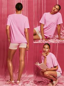 GLOWMODE Áo thun tay ngắn cổ tròn dáng rộng unisex chất liệu cotton Pima, thích hợp mặc hàng ngày. - Hồng - Xem 8