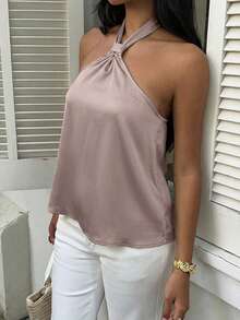 MainGRL Old Money Sleeveless Satin Camisole Top, Regular Hem, Solid Color Design, Cold Shoulder Top - Khaki - View 4