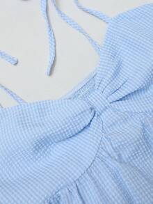 GlowEve 2pcs/Set Women's Summer Pleated Bust Bohemian Holiday Camisole And Shorts Set, Leisure Holiday Outfit - Blue and White - View 5