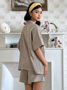 DAZY Teen Girl Cartoon Bear Striped Short Sleeve Button-Up Top And Shorts Pajama Set - Khaki - View 6