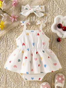 Vintaside Kids Đầm đơn giản cho bé sơ sinh, chất liệu vải gân, in hình trái tim nhiều màu sắc, kèm băng đô nơ, thích hợp mặc hàng ngày, mùa xuân/hè. - trắng - Xem 2