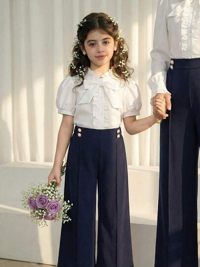 Summer Outfits,Squishy,Girls' Elegant Solid Color Blouse, Girls' Solid Color Bow Collar Short Sleeve Cardigan Blouse, Gentle Lady Style, Comfortable Versatile Daily Wear, Girls Clothing, Kids Puff Sleeve Blouse