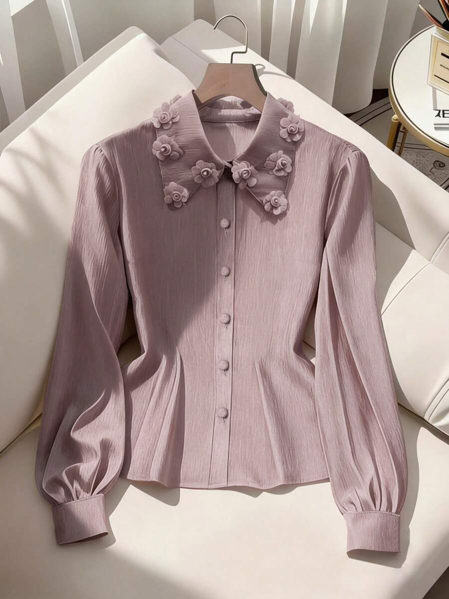 Modelyn 浅米色 3D 立体花卉领衬衫 / 竖条纹纹理泡泡袖优雅通勤上衣 - 藕粉色 - 查看 1