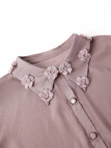 Modelyn 浅米色 3D 立体花卉领衬衫 / 竖条纹纹理泡泡袖优雅通勤上衣 - 藕粉色 - 查看 5