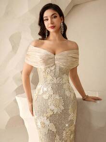 Coutiva 优雅的花卉亮片露肩露背直筒下摆正式晚礼服，适合生日派对、毕业典礼、婚礼宾客和返校派对。 - 杏色 - 查看 5