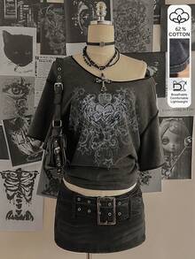 Attitoon Áo thun nữ dáng rộng, chất liệu 62% cotton, màu đen pha xám, in hình trái tim có cánh theo phong cách Punk – Thích hợp cho lễ hội miền Tây và mùa tựu trường, phong cách đường phố mùa hè thoải mái, retro vintage Y2K Grunge Goth Punk Hip-Hop, phù hợp cho câu lạc bộ, phòng tập, thể thao. - màu đen - Xem 5