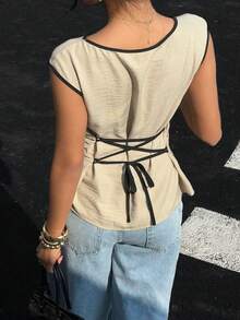 Siren Gaze Women's Ruffle Trim Round Neck Dolman Sleeve Fashion Blouse Summer - Apricot - View 4