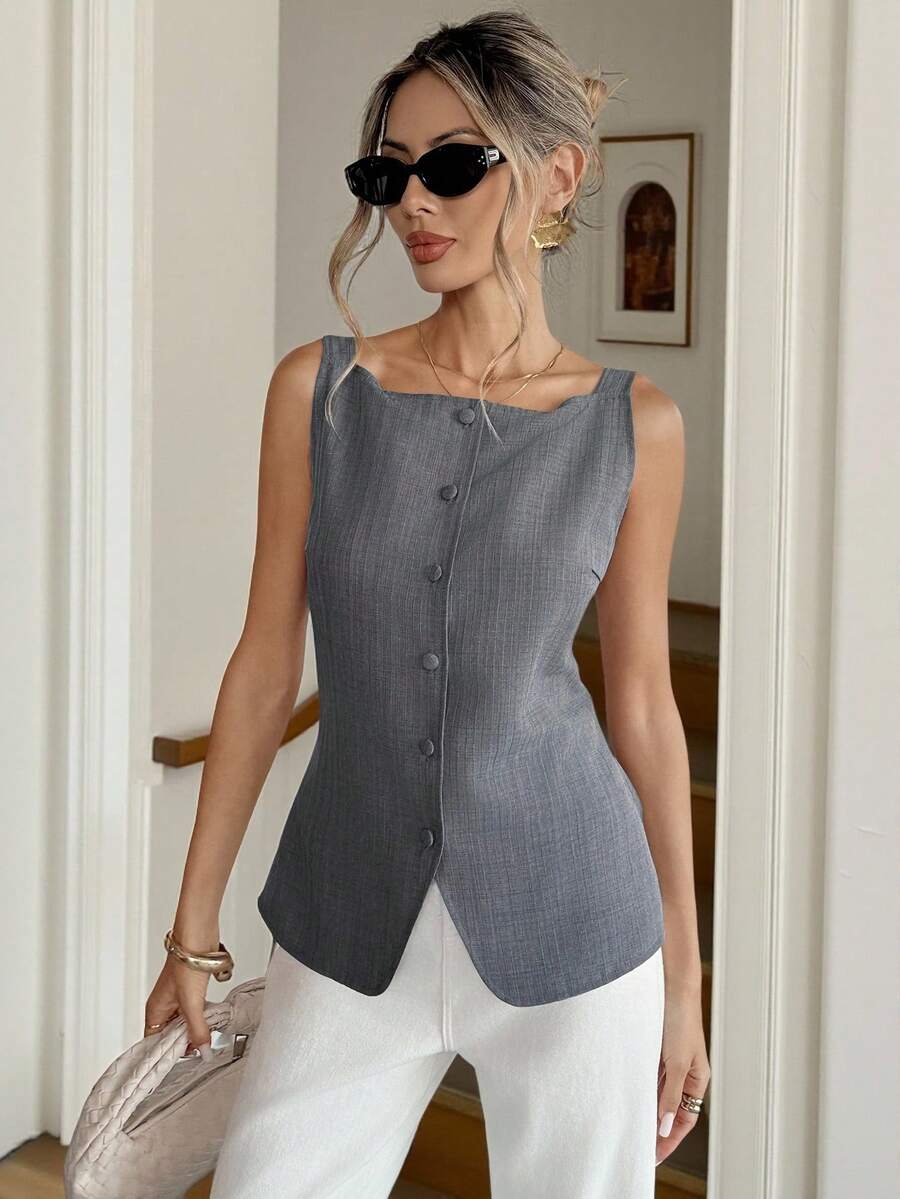 Siren Gaze Camiseta sin mangas con cuello cuadrado y botones frontales para mujer, de uso casual y para ir al trabajo - Marrón - Ver 1