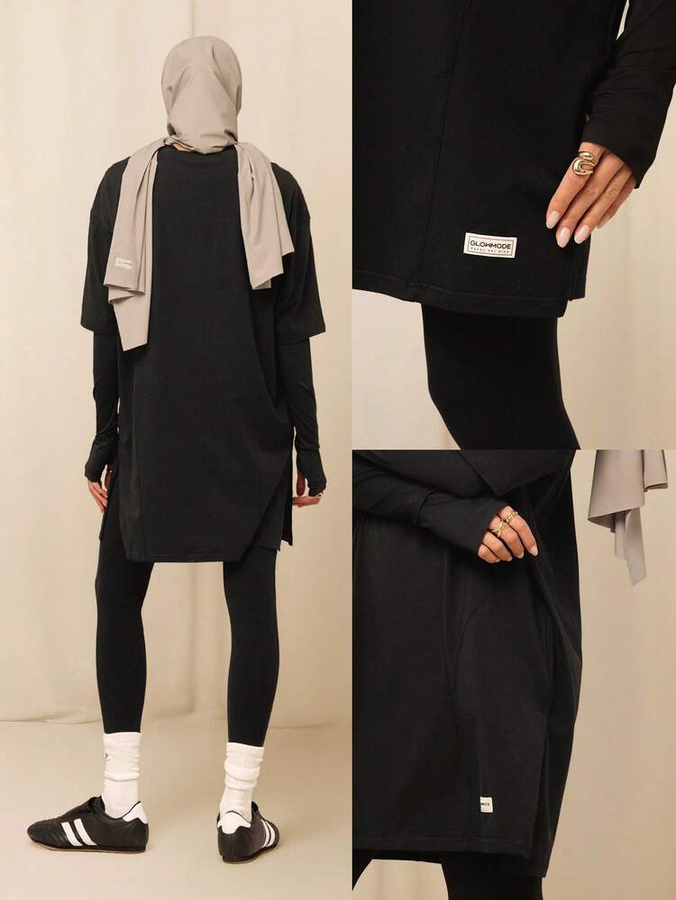 GLOWMODE X Reem Modest Pima Cotton Mighty Midi Soft Breathable Lightweight Side Split Hem Cocoon T-Shirt Dress Daily Casual Wear