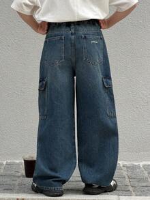DAZY Quần jeans ống rộng thoải mái có túi hộp dành cho bé trai tuổi teen - Rửa tối - Xem 8