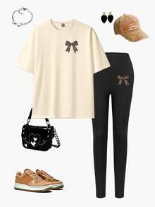 SHEIN 女士休闲时尚创意豹纹蝴蝶结装饰图案印花宽松圆领基础短袖T恤和打底裤套装，四季皆宜，百搭舒适 - 彩色 - 查看 3