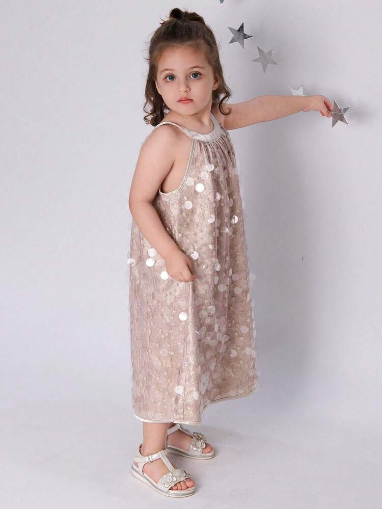 Young Girl Solid Color Sequin Halter Party Dress